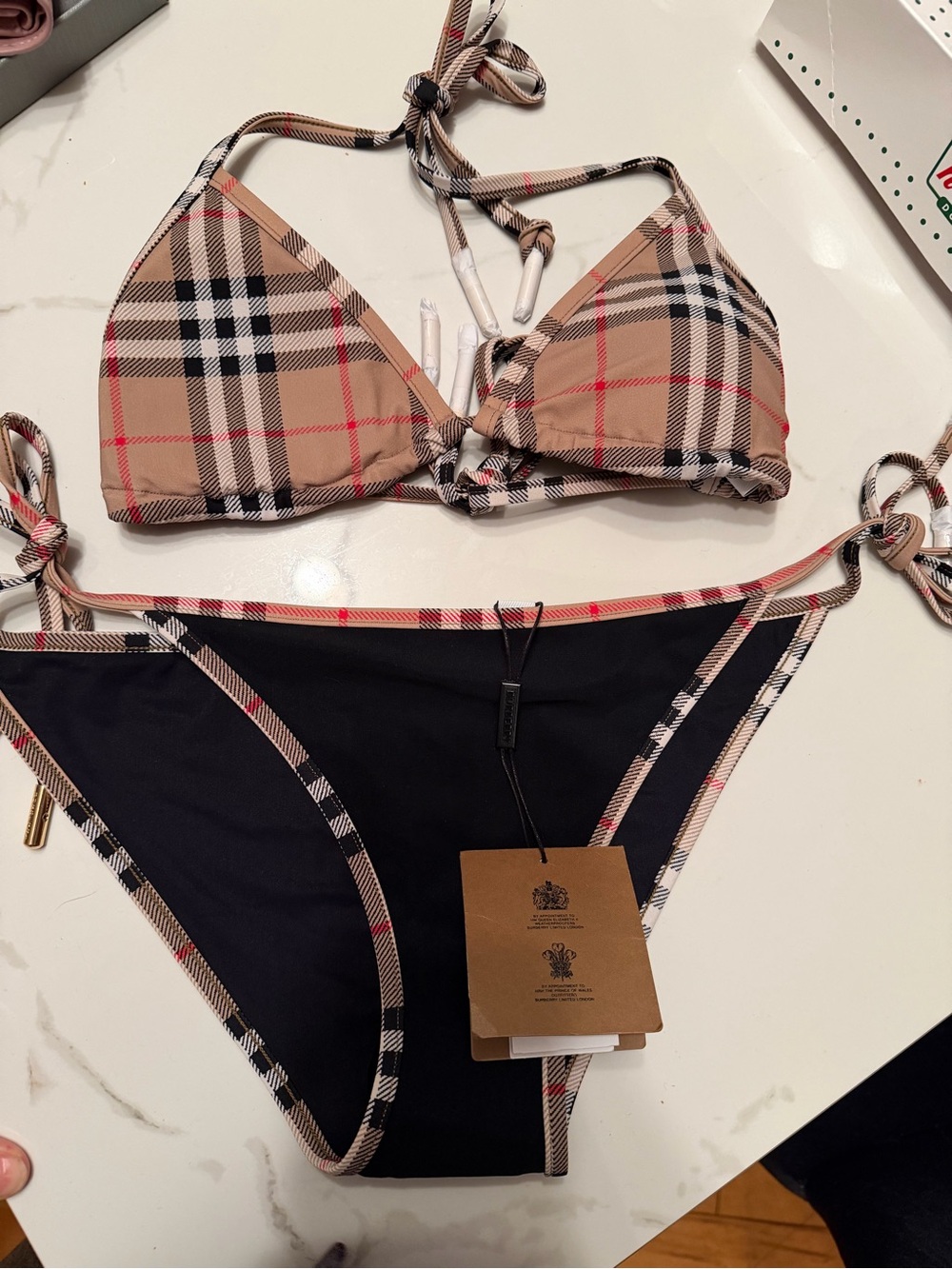 ✨authentic✨ Burberry Tan Plaid Triangle Bikini Top with Black Bottom